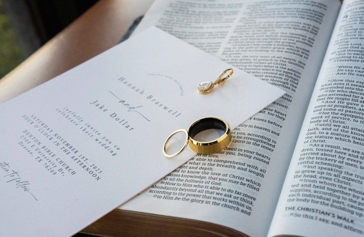 Wedding rings resting on an open Bible